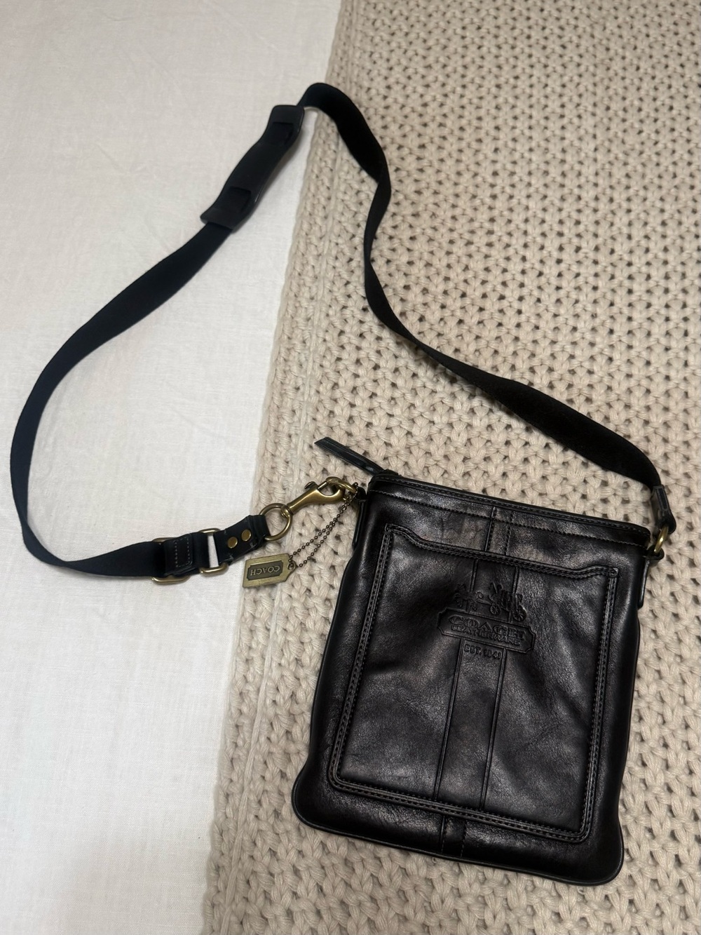 Coach Black Leather Messenger Crossbody with Brass Hardware